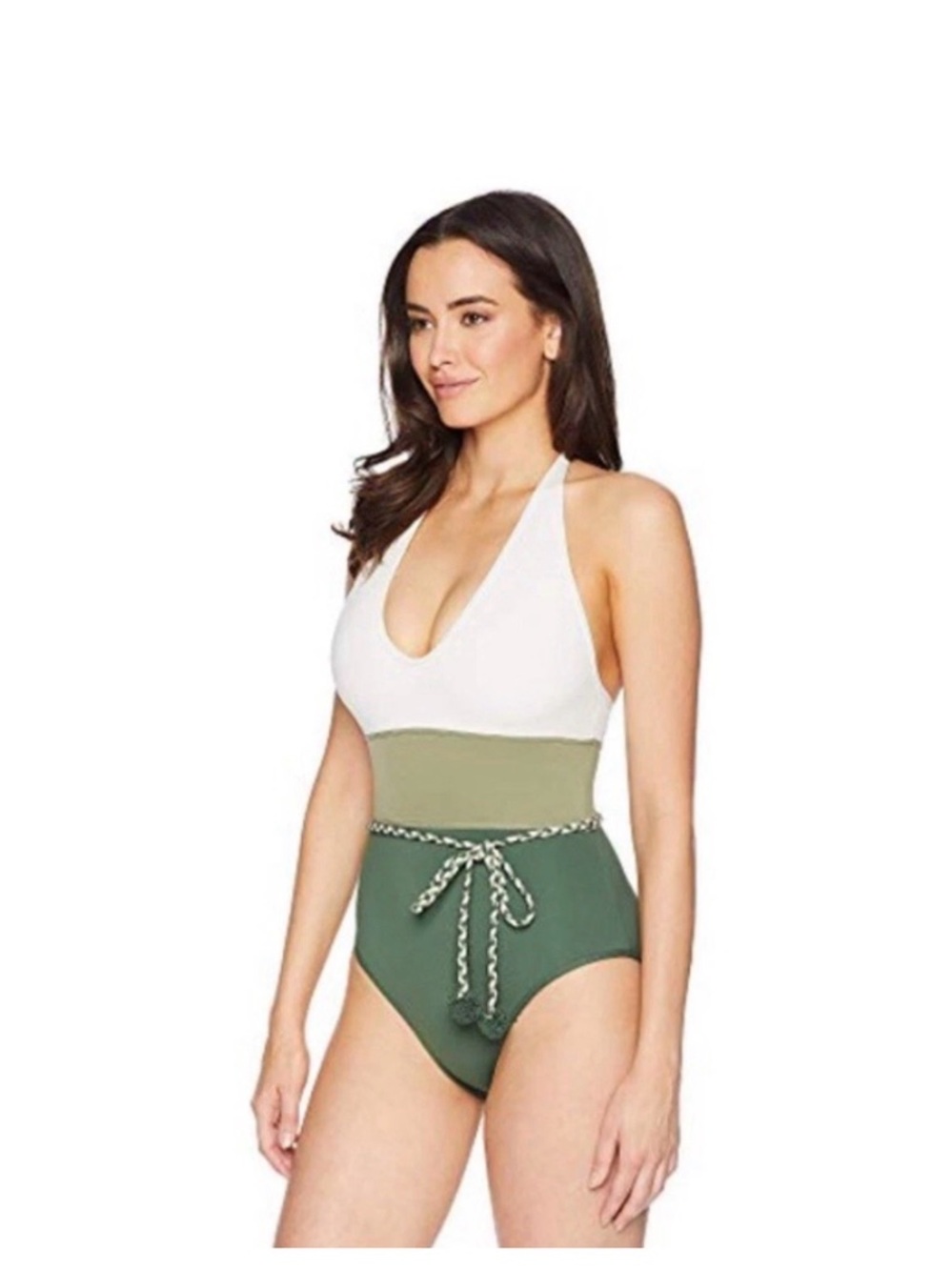 Vince Camuto Colorblock Halter One-Piece Swimsuit in Cream and Olive Greens